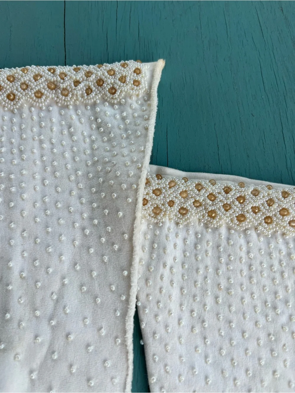 Exquisite vintage hand-beaded long formal gloves, 100% Double Cotton
